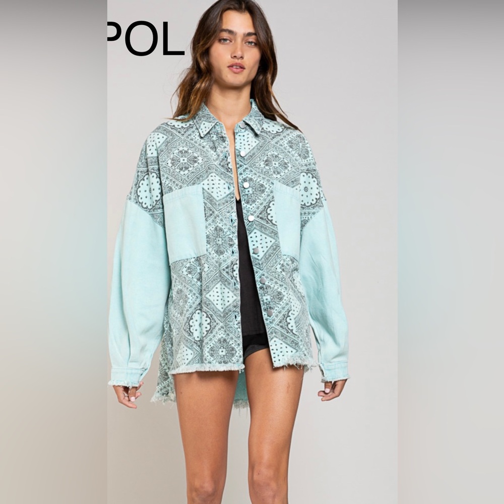 BPB24💙NEW! POL pretty mint+ blue+black paisley jacket w/solid details!💙 - Picture 2 of 10